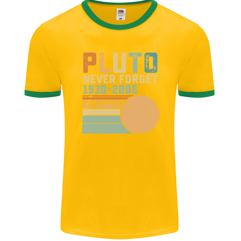 Pluto Never Forget Space Planet Astronomy Mens Ringer T-Shirt FotL Gold/Green