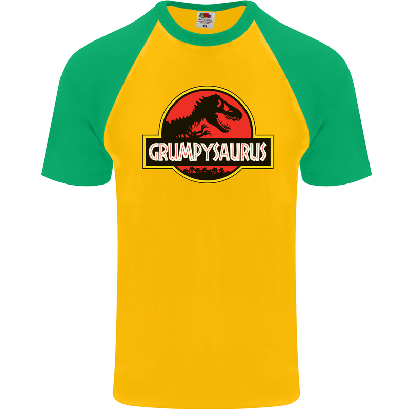 Grumpysaurus Funny Grumpy Old Git Man Mens S/S Baseball T-Shirt Gold/Green