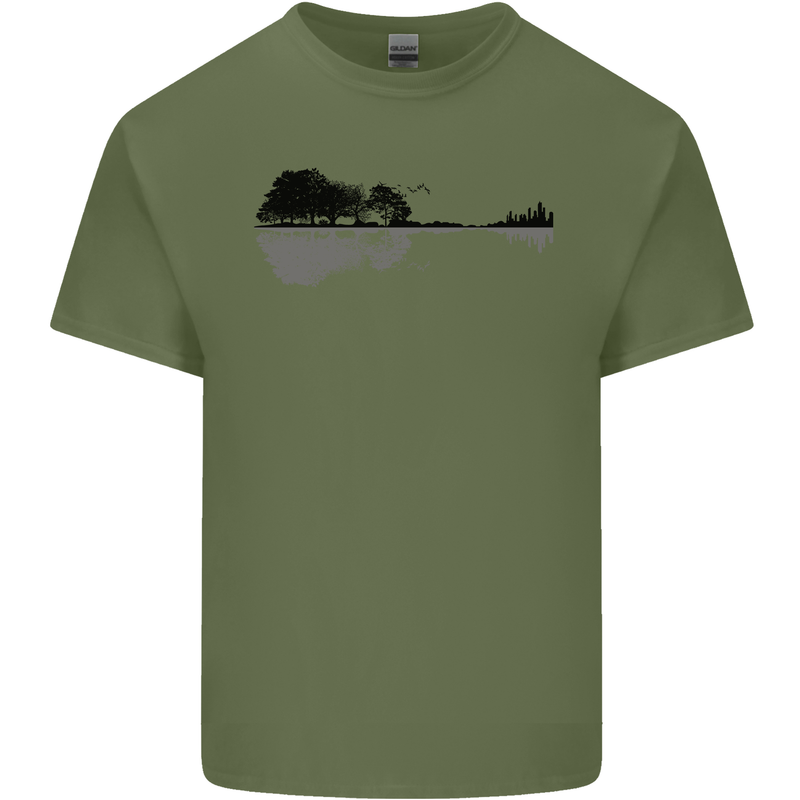 Guitar City Reflection Guitarist Electric Mens Cotton T-Shirt Tee Top Military Green
