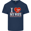 Guitar I Love My Wife Guitarist Electric Mens V-Neck Cotton T-Shirt Navy Blue