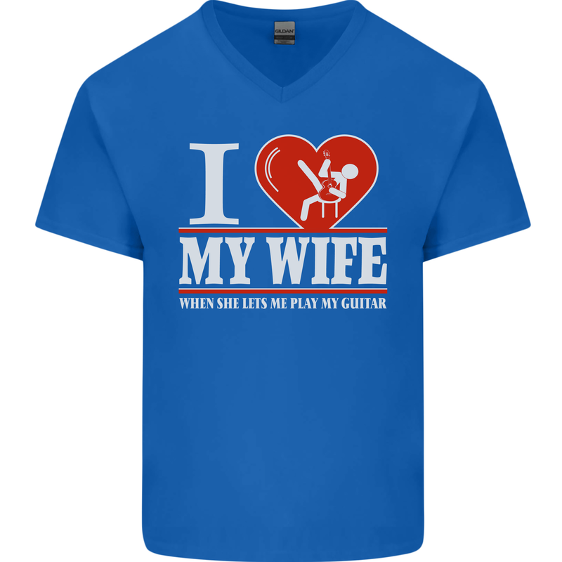 Guitar I Love My Wife Guitarist Electric Mens V-Neck Cotton T-Shirt Royal Blue
