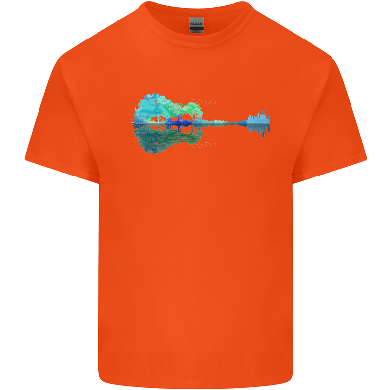 Guitar Reflection Guitarist Bass Acoustic Mens Cotton T-Shirt Tee Top Orange