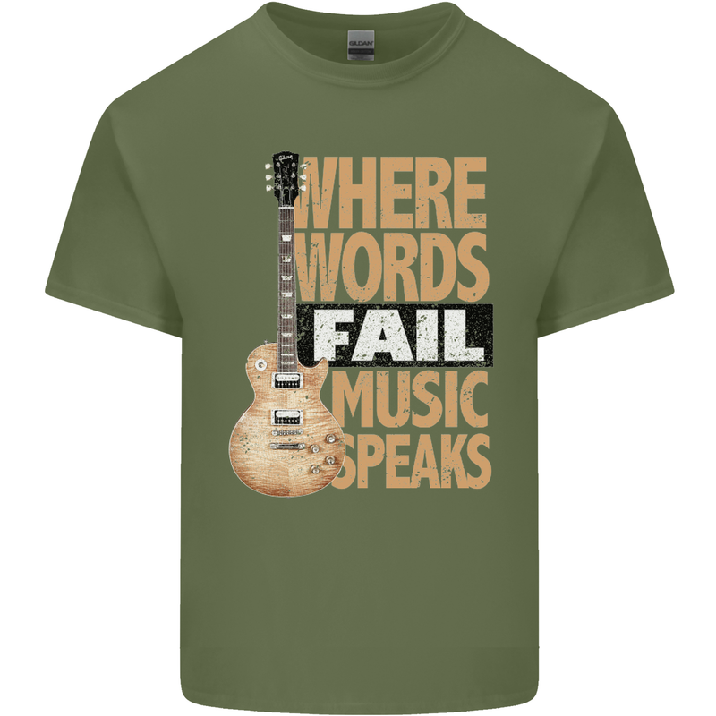 Guitar Words Fail Music Speaks Guitarist Mens Cotton T-Shirt Tee Top Military Green