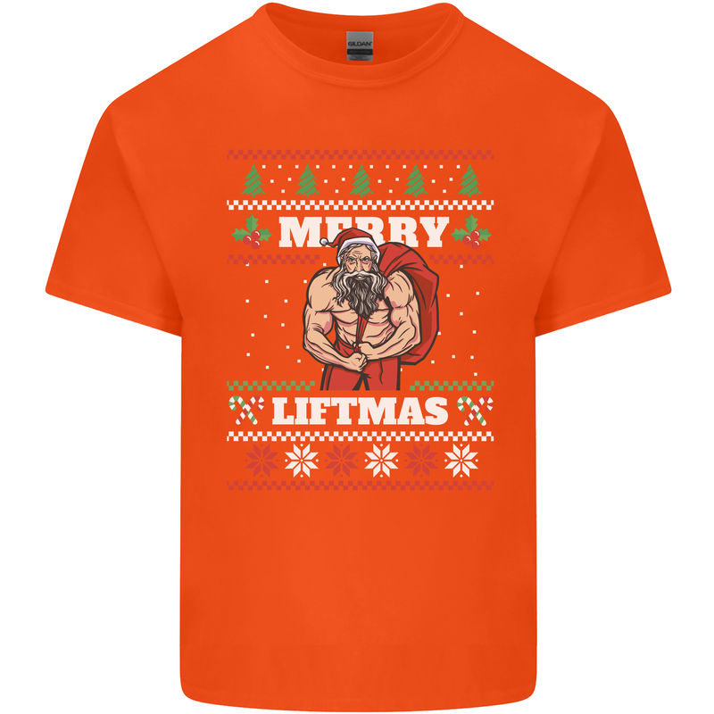Gym Merry Liftmas Christmas Bodybuilding Mens Cotton T-Shirt Tee Top Orange