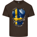 Gym Swedish Flag Ripped Muscles Sweeden Mens Cotton T-Shirt Tee Top Dark Chocolate
