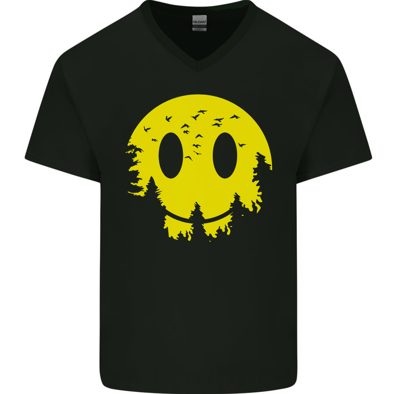 Happy Moon Smiling Acid Face 90's Mens V-Neck Cotton T-Shirt Black