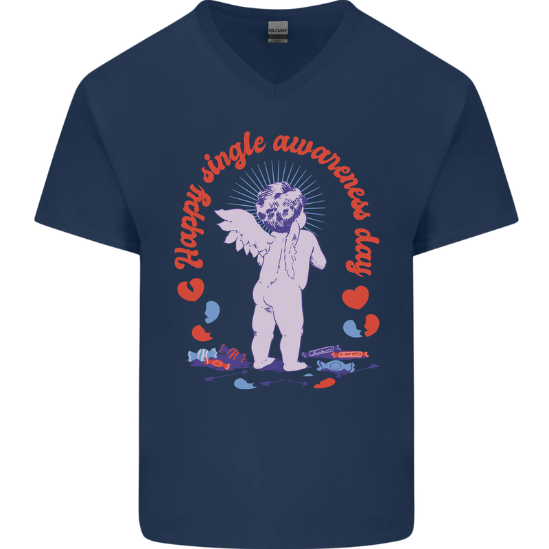 Happy Single Awareness Day Mens V-Neck Cotton T-Shirt Navy Blue