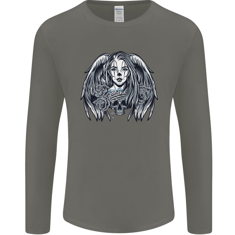 Heaven & Hell Angel Skull Day of the Dead Mens Long Sleeve T-Shirt Charcoal