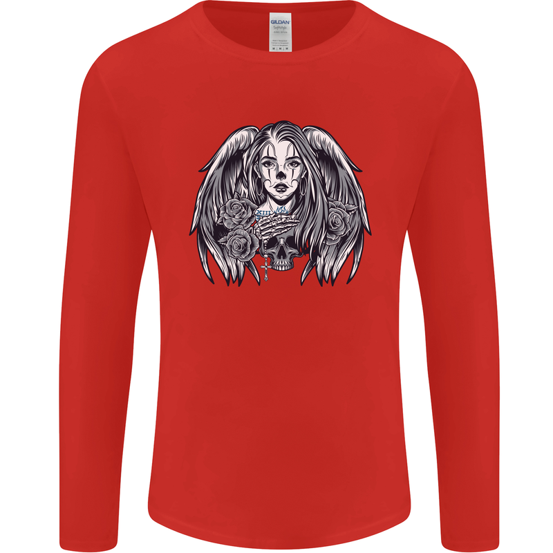 Heaven & Hell Angel Skull Day of the Dead Mens Long Sleeve T-Shirt Red
