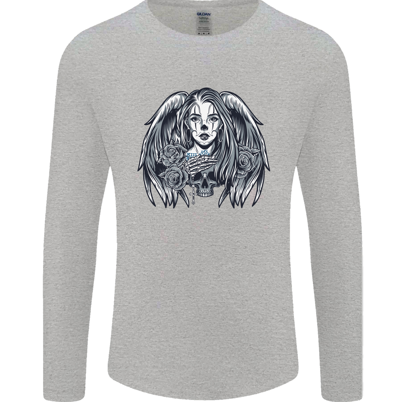Heaven & Hell Angel Skull Day of the Dead Mens Long Sleeve T-Shirt Sports Grey
