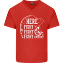 Here Fishy Fishy Funny Fishing Fisherman Mens V-Neck Cotton T-Shirt Red
