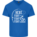 Here Fishy Fishy Funny Fishing Fisherman Mens V-Neck Cotton T-Shirt Royal Blue