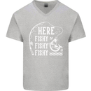 Here Fishy Fishy Funny Fishing Fisherman Mens V-Neck Cotton T-Shirt Sports Grey