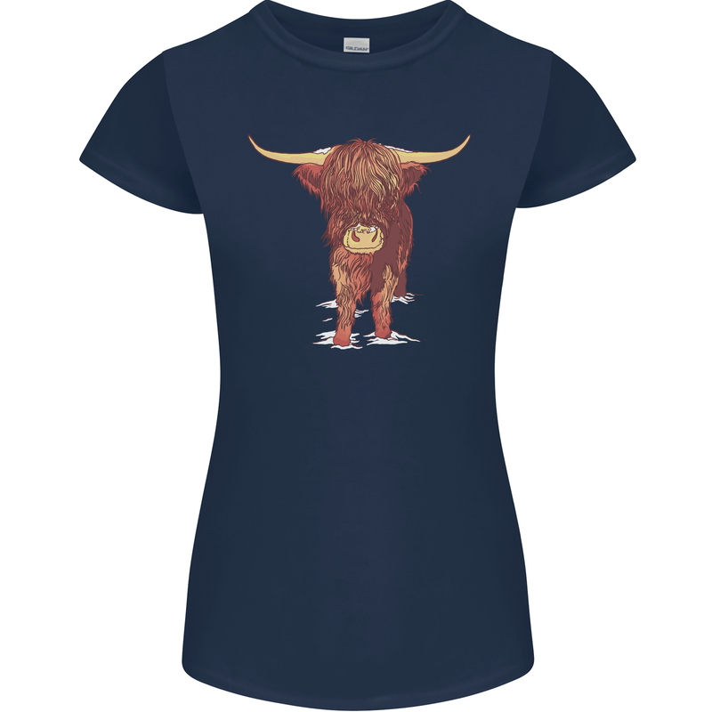 Highland Cattle Cow Scotland Scottish Womens Petite Cut T-Shirt Navy Blue