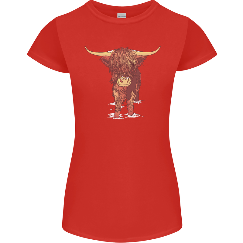 Highland Cattle Cow Scotland Scottish Womens Petite Cut T-Shirt Red