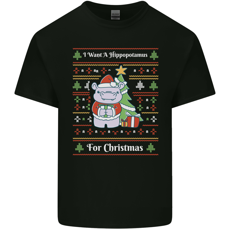 Hippo Christmas Funny Hippopotamus Mens Cotton T-Shirt Tee Top Black