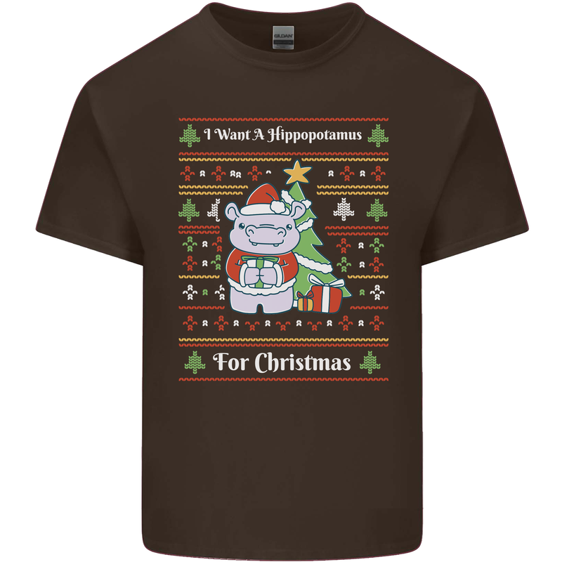 Hippo Christmas Funny Hippopotamus Mens Cotton T-Shirt Tee Top Dark Chocolate