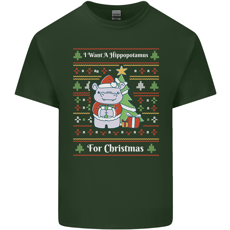Hippo Christmas Funny Hippopotamus Mens Cotton T-Shirt Tee Top Forest Green