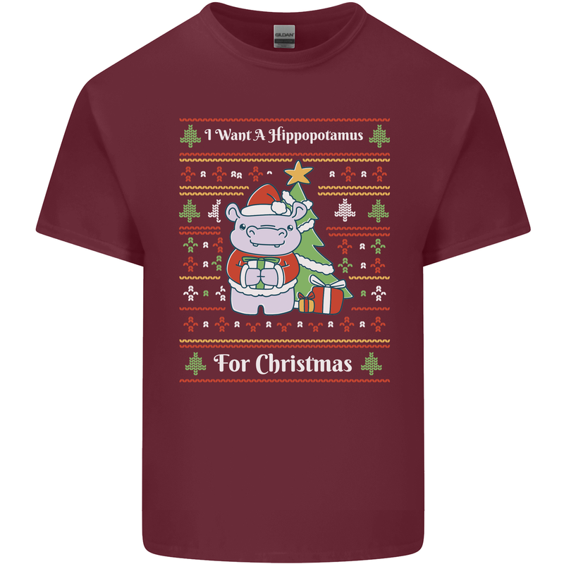 Hippo Christmas Funny Hippopotamus Mens Cotton T-Shirt Tee Top Maroon