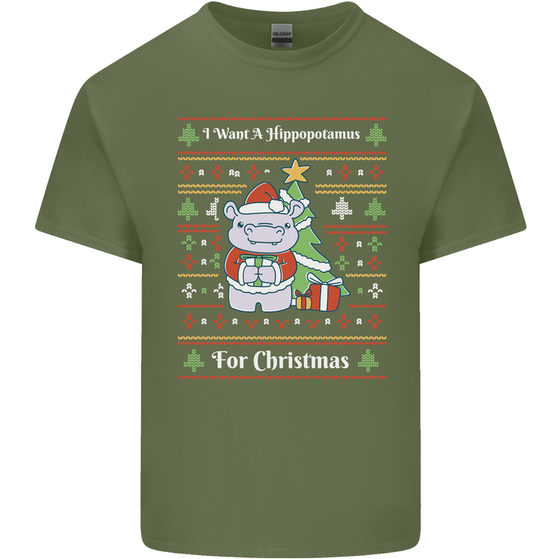 Hippo Christmas Funny Hippopotamus Mens Cotton T-Shirt Tee Top Military Green