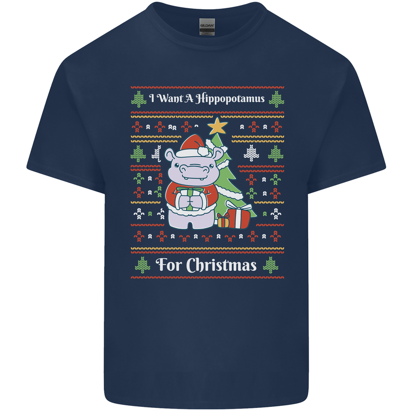 Hippo Christmas Funny Hippopotamus Mens Cotton T-Shirt Tee Top Navy Blue