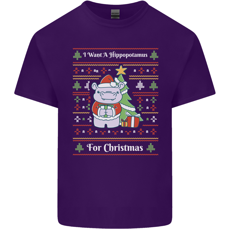 Hippo Christmas Funny Hippopotamus Mens Cotton T-Shirt Tee Top Purple