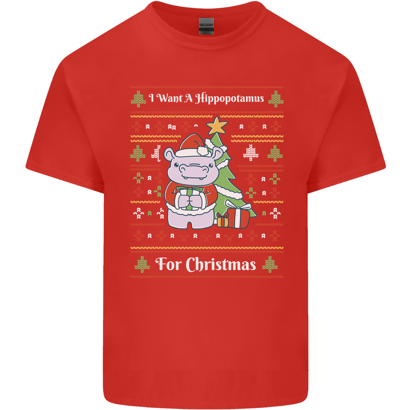 Hippo Christmas Funny Hippopotamus Mens Cotton T-Shirt Tee Top Red