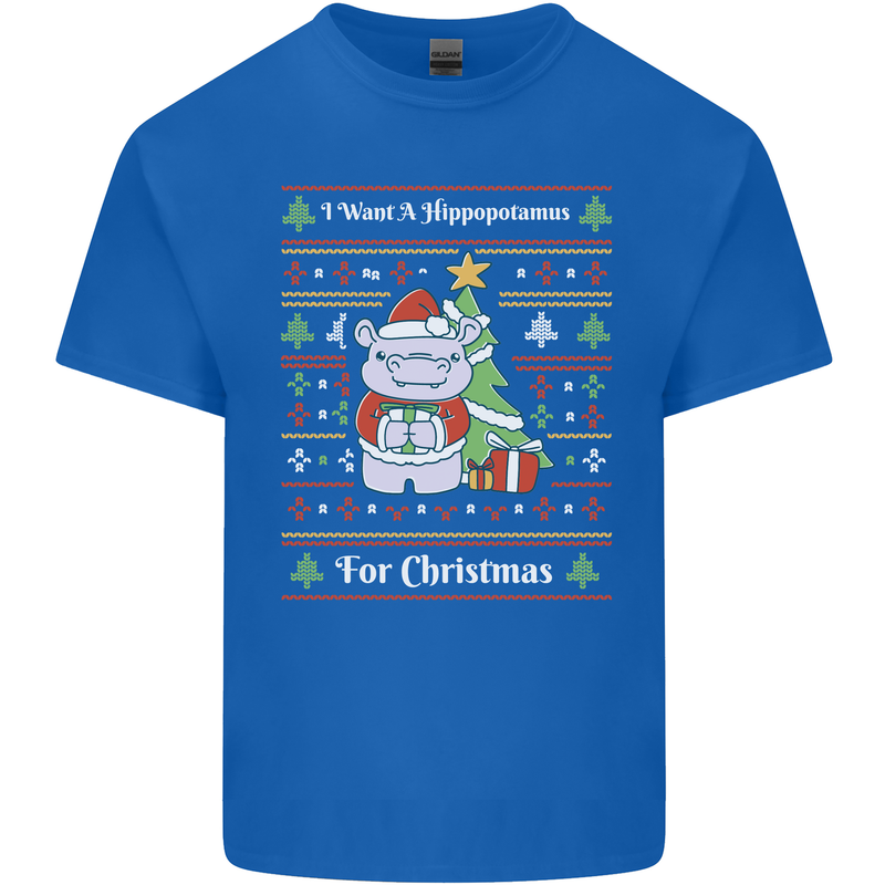 Hippo Christmas Funny Hippopotamus Mens Cotton T-Shirt Tee Top Royal Blue
