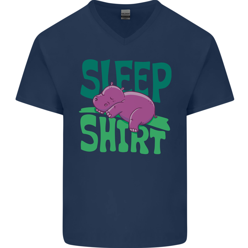 Hippo Sleep Shirt Sleeping Pajamas Mens V-Neck Cotton T-Shirt Navy Blue