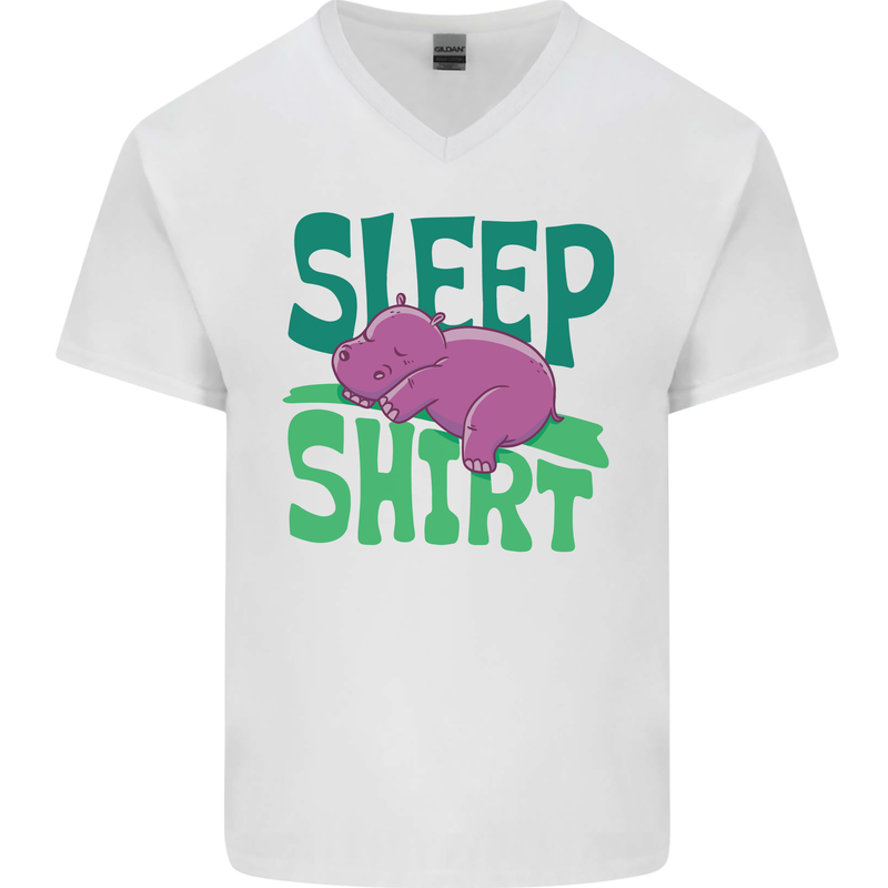 Hippo Sleep Shirt Sleeping Pajamas Mens V-Neck Cotton T-Shirt White