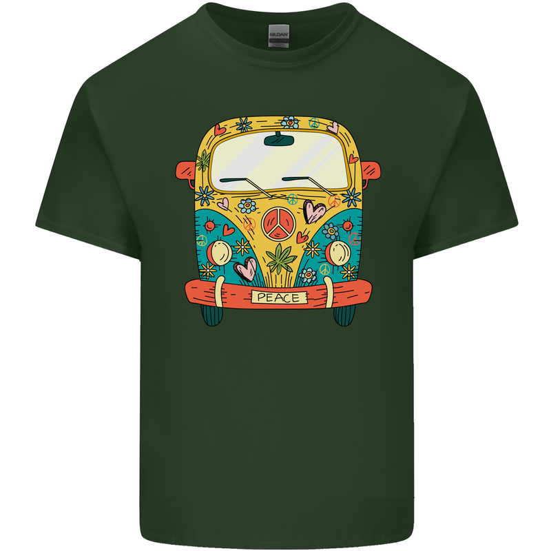 Hippy Van Flowers Peace Campervan Funny Mens Cotton T-Shirt Tee Top Forest Green