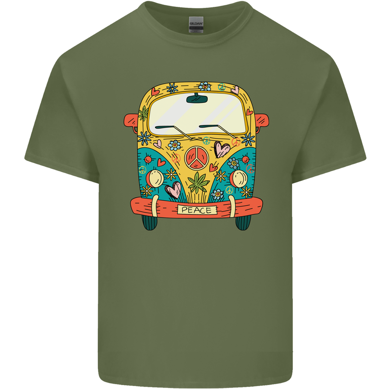 Hippy Van Flowers Peace Campervan Funny Mens Cotton T-Shirt Tee Top Military Green