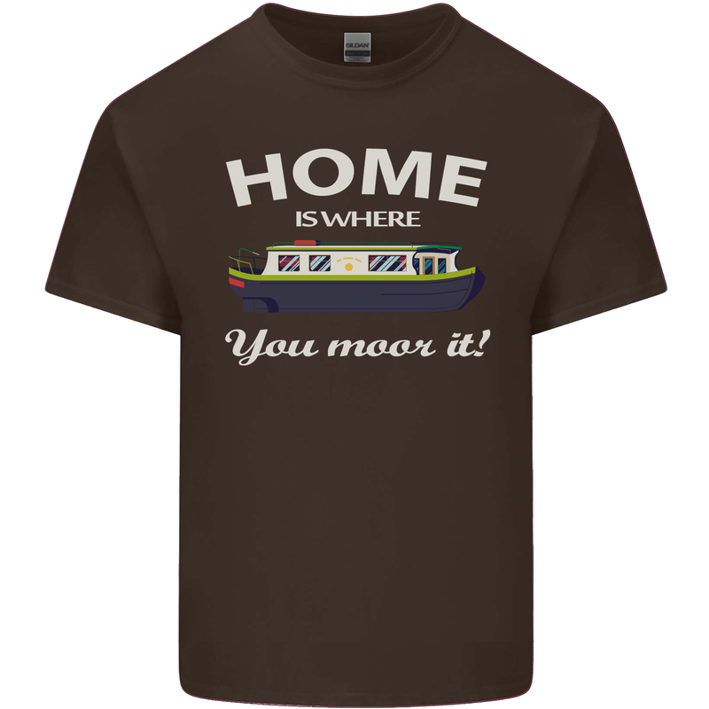 Home Is Where You Moor It Long Boat Barge Mens Cotton T-Shirt Tee Top Dark Chocolate