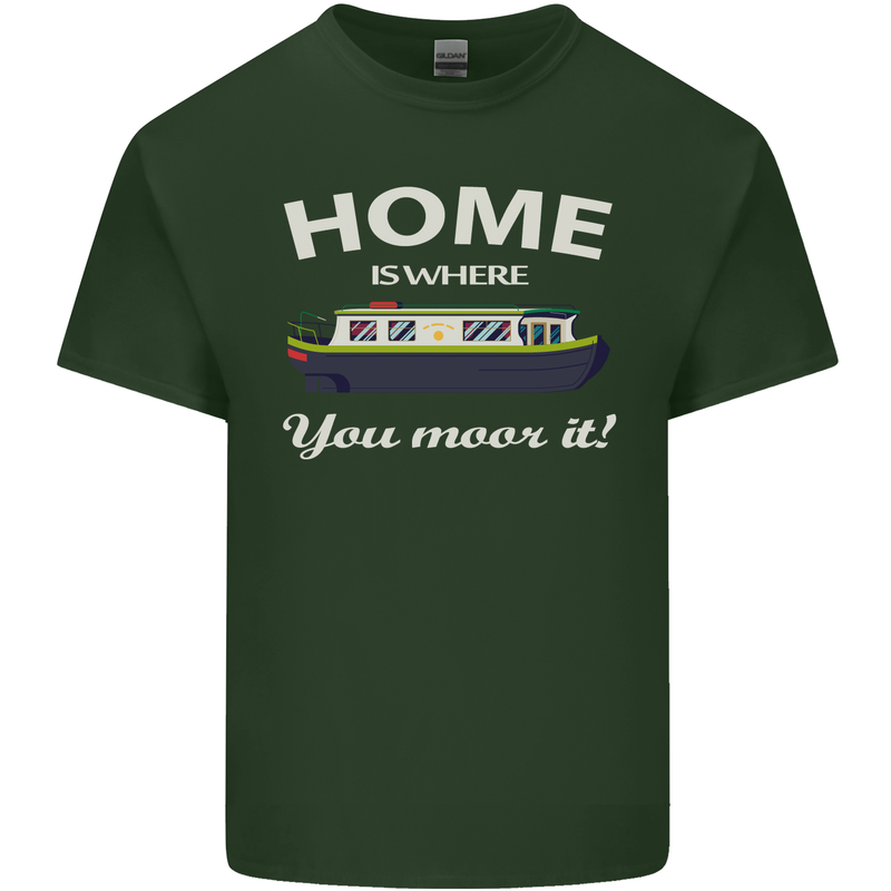 Home Is Where You Moor It Long Boat Barge Mens Cotton T-Shirt Tee Top Forest Green