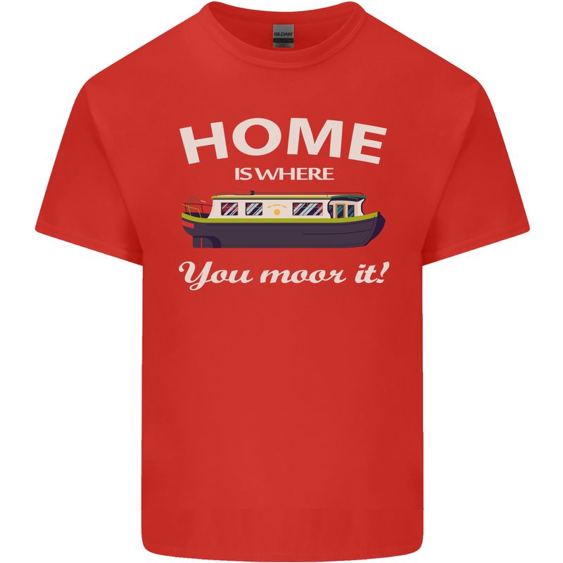 Home Is Where You Moor It Long Boat Barge Mens Cotton T-Shirt Tee Top Red