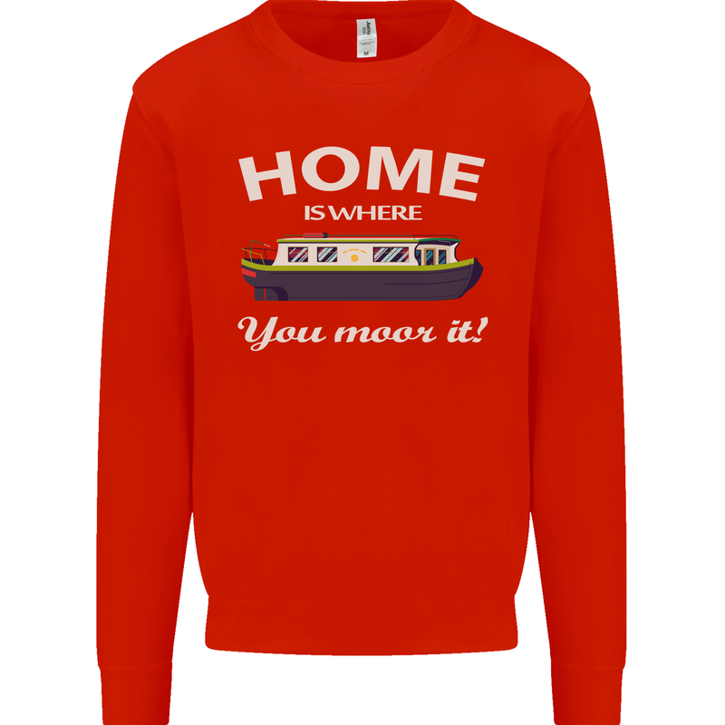 Home Is Where You Moor It Long Boat Barge Mens Sweatshirt Jumper Bright Red