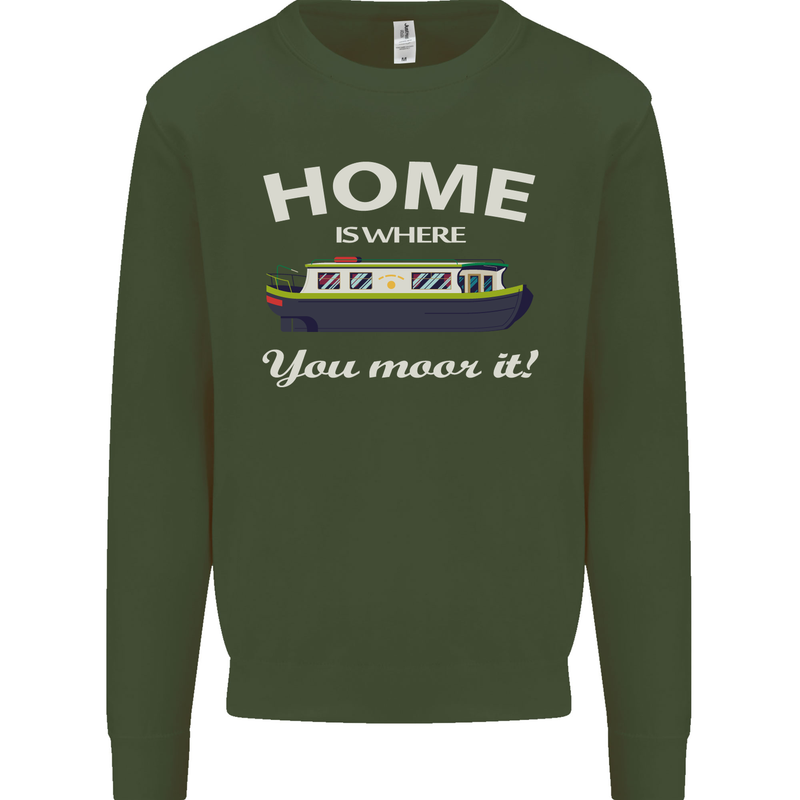 Home Is Where You Moor It Long Boat Barge Mens Sweatshirt Jumper Forest Green