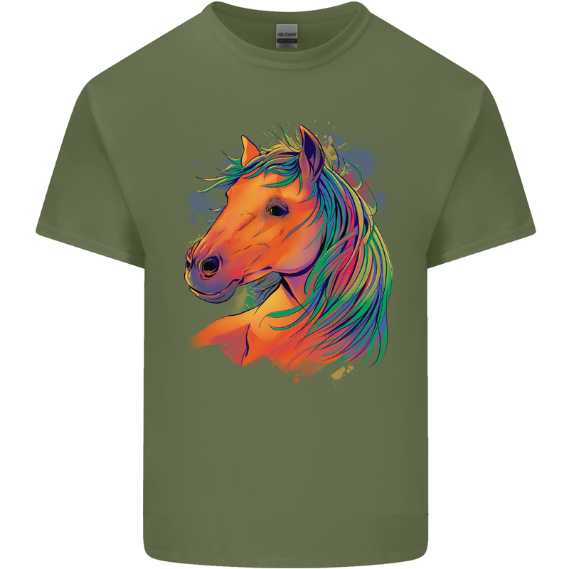 Horse Head Equestrian Mens Cotton T-Shirt Tee Top Military Green