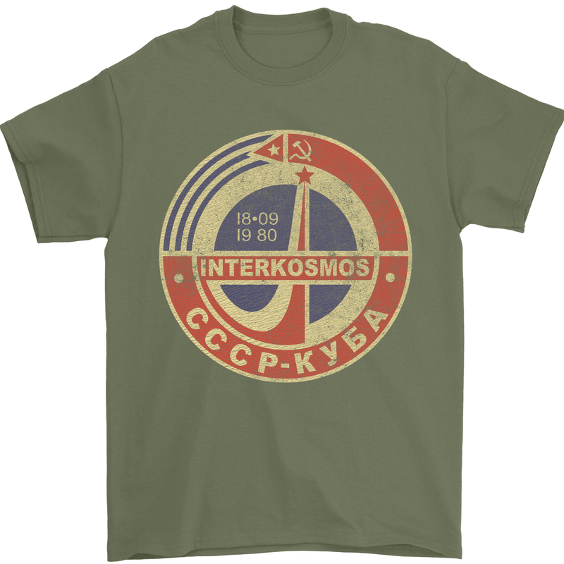 INTERKOSMOS Logo CCCP  Soviet Space USSR Mens T-Shirt Cotton Gildan Military Green