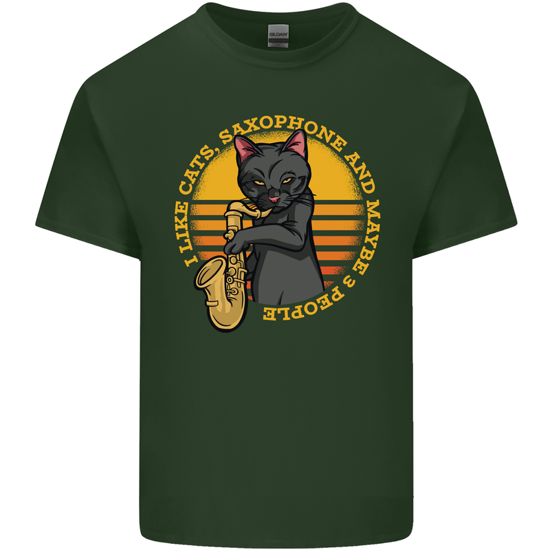 I Like Cats, Saxophones & Maybe 3 People Mens Cotton T-Shirt Tee Top Forest Green
