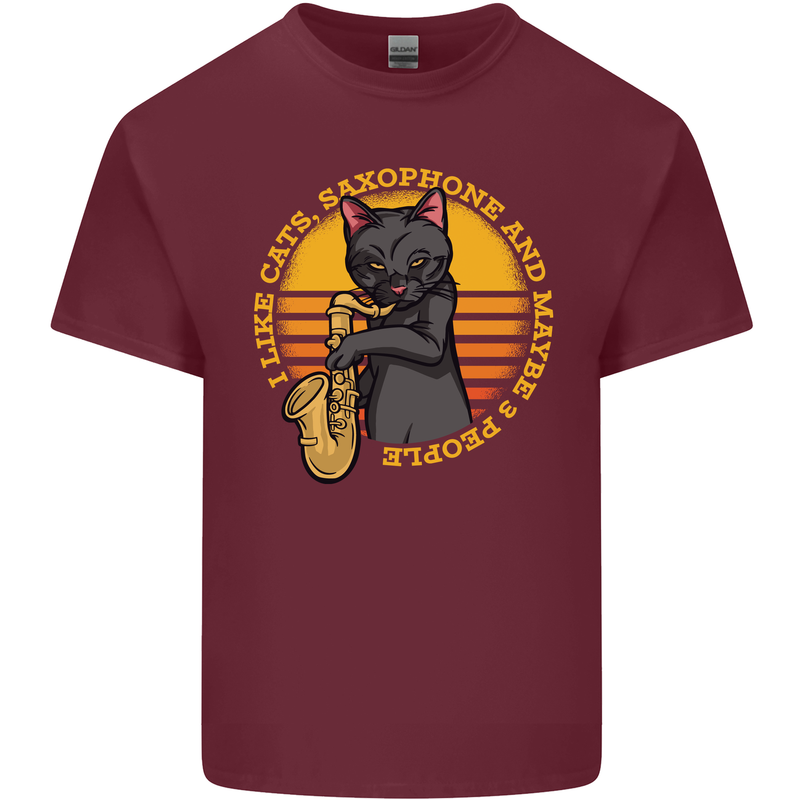 I Like Cats, Saxophones & Maybe 3 People Mens Cotton T-Shirt Tee Top Maroon