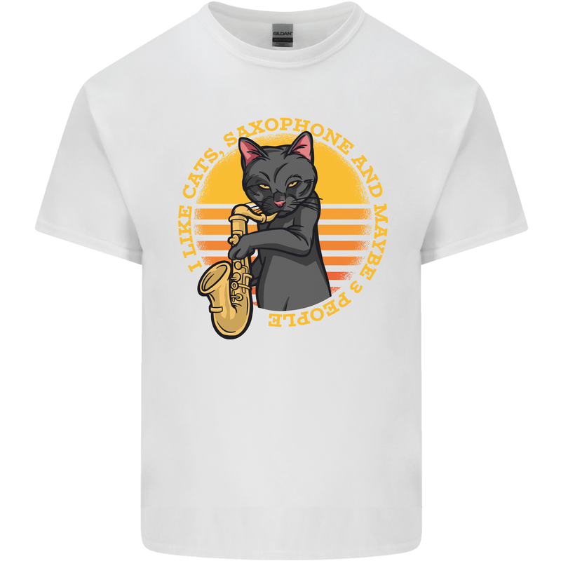 I Like Cats, Saxophones & Maybe 3 People Mens Cotton T-Shirt Tee Top White
