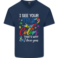 I See Your True Colours Autism Autistic Mens V-Neck Cotton T-Shirt Navy Blue