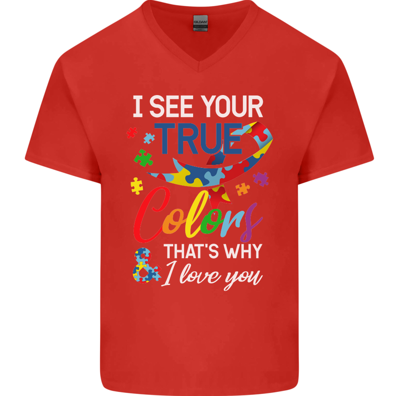 I See Your True Colours Autism Autistic Mens V-Neck Cotton T-Shirt Red