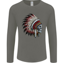 Indian Skull Headdress Biker Motorbike Mens Long Sleeve T-Shirt Charcoal