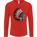 Indian Skull Headdress Biker Motorbike Mens Long Sleeve T-Shirt Red