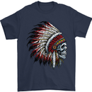 Indian Skull Headdress Biker Motorbike Mens T-Shirt Cotton Gildan Navy Blue