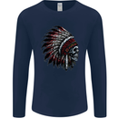Indian Skull Headdress Biker Motorcycle Mens Long Sleeve T-Shirt Navy Blue