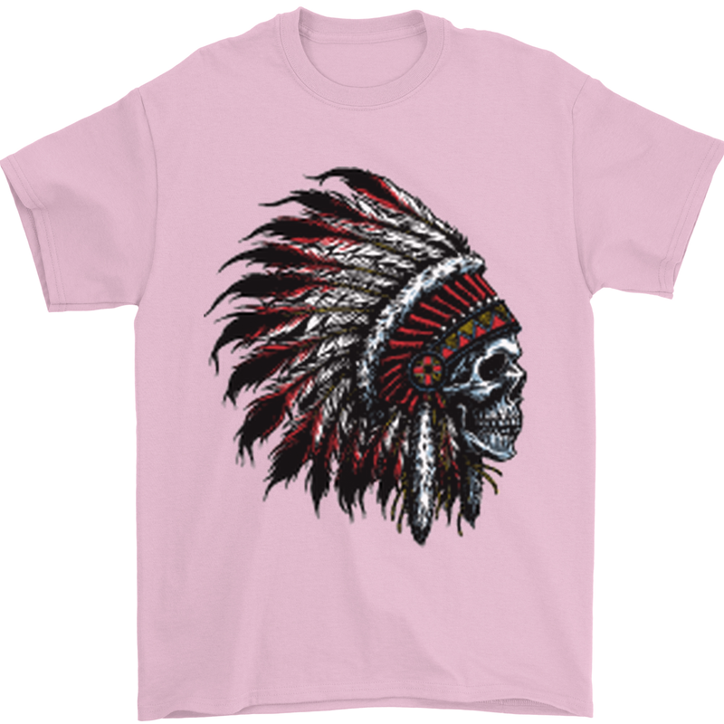 Indian Skull Headdress Biker Motorcycle Mens T-Shirt Cotton Gildan Light Pink