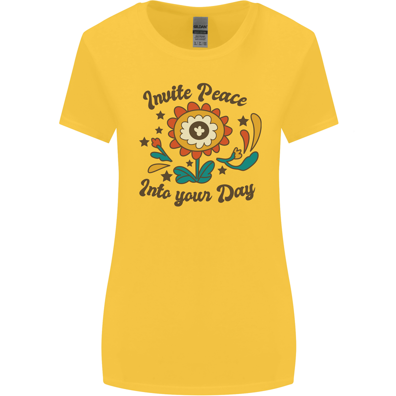 Invite Peace Into Your Day Hippy Love 60's Womens Wider Cut T-Shirt Yellow